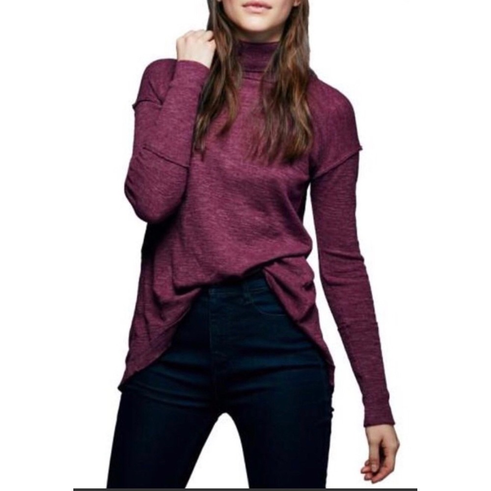We The Free Free People Split Back Turtleneck Tunic Top Plum Purple Large Boho